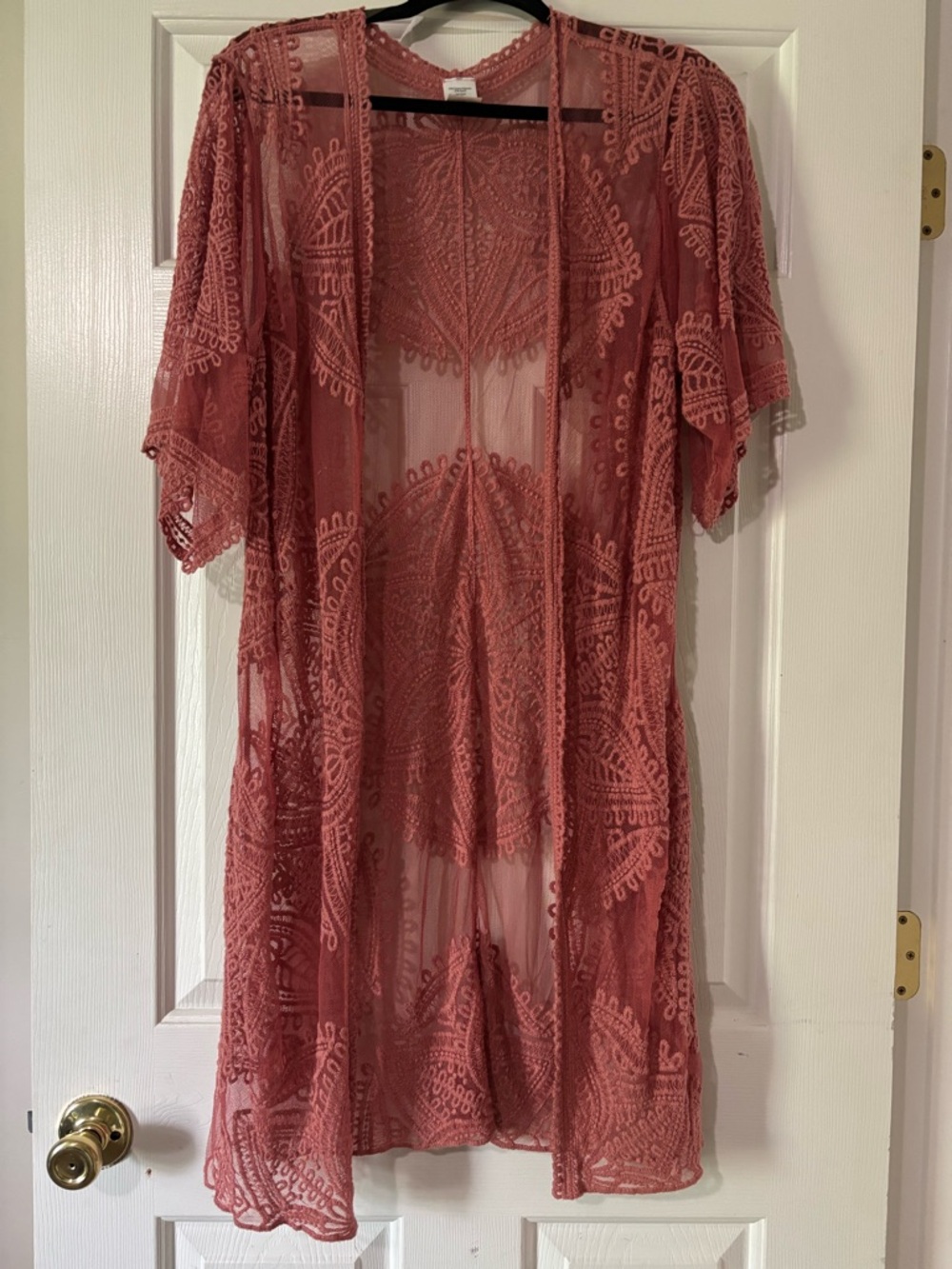 Sheer Lace Duster Kimono in Dusty Rose
